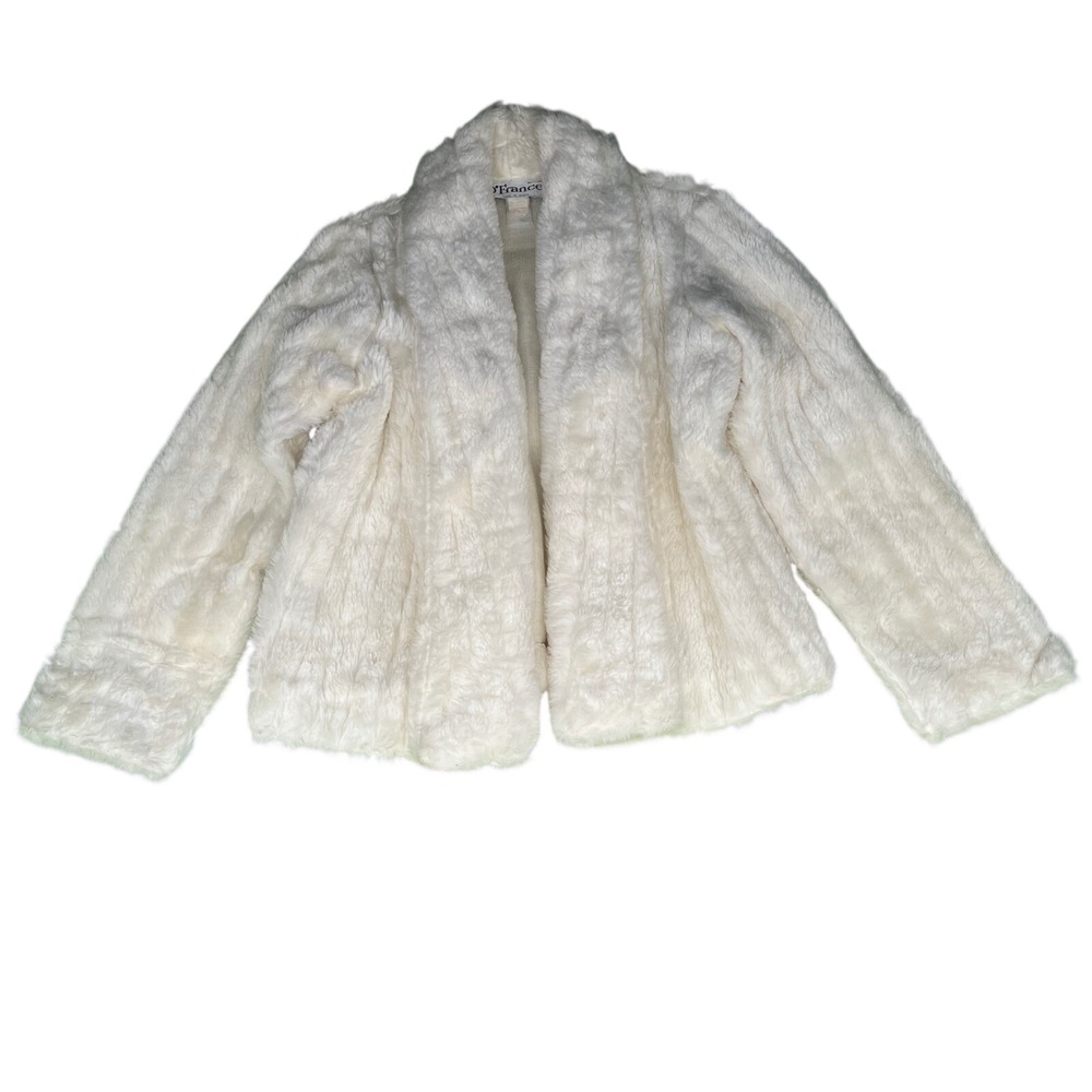 Small D'France Womens White Faux Fur Open Front Shawl Collar Jacket‎ Coat 80s
